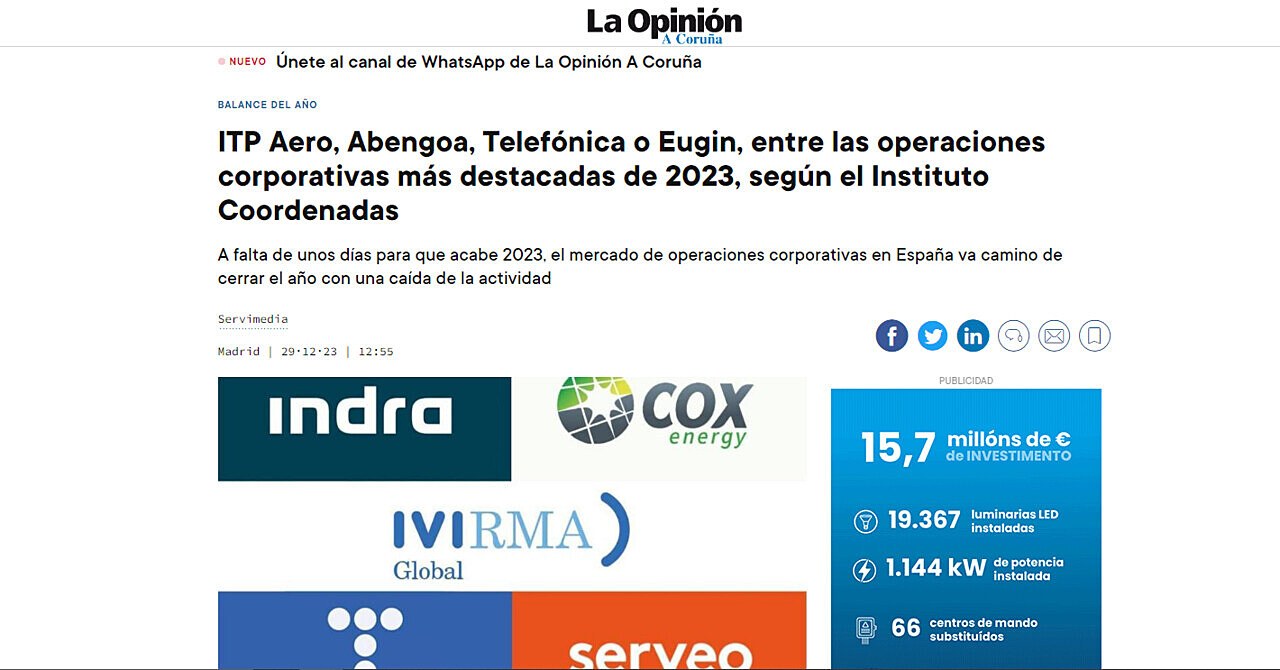 ITP Aero, Abengoa, Telefnica o Eugin, entre las operaciones corporativas ms destacadas de 2023, segn el Instituto Coordenadas